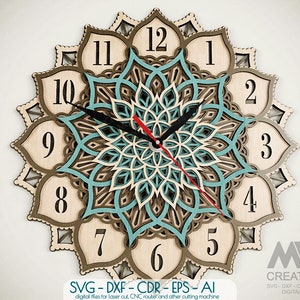 Laser Cut Mandala Clock Svg Dxf, File di taglio orologio a 5 strati, Orologio multistrato tagliato al laser, Orologio SVG a livello 3D, File di taglio dell'orologio Glowforge C41