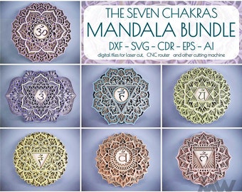 Seven Chakras Mandala Bundle SVG DXF, Multi-layer Chakras Bundle, Laser Cut Mandala Bundle, 3D Mandala DXF file for Laser Cut