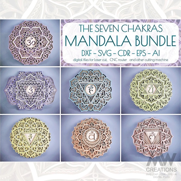 Paquete Mandala de Siete Chakras SVG DXF, Paquete de Chakras multicapa, Paquete Mandala cortado con láser, Archivo 3D Mandala DXF para corte láser