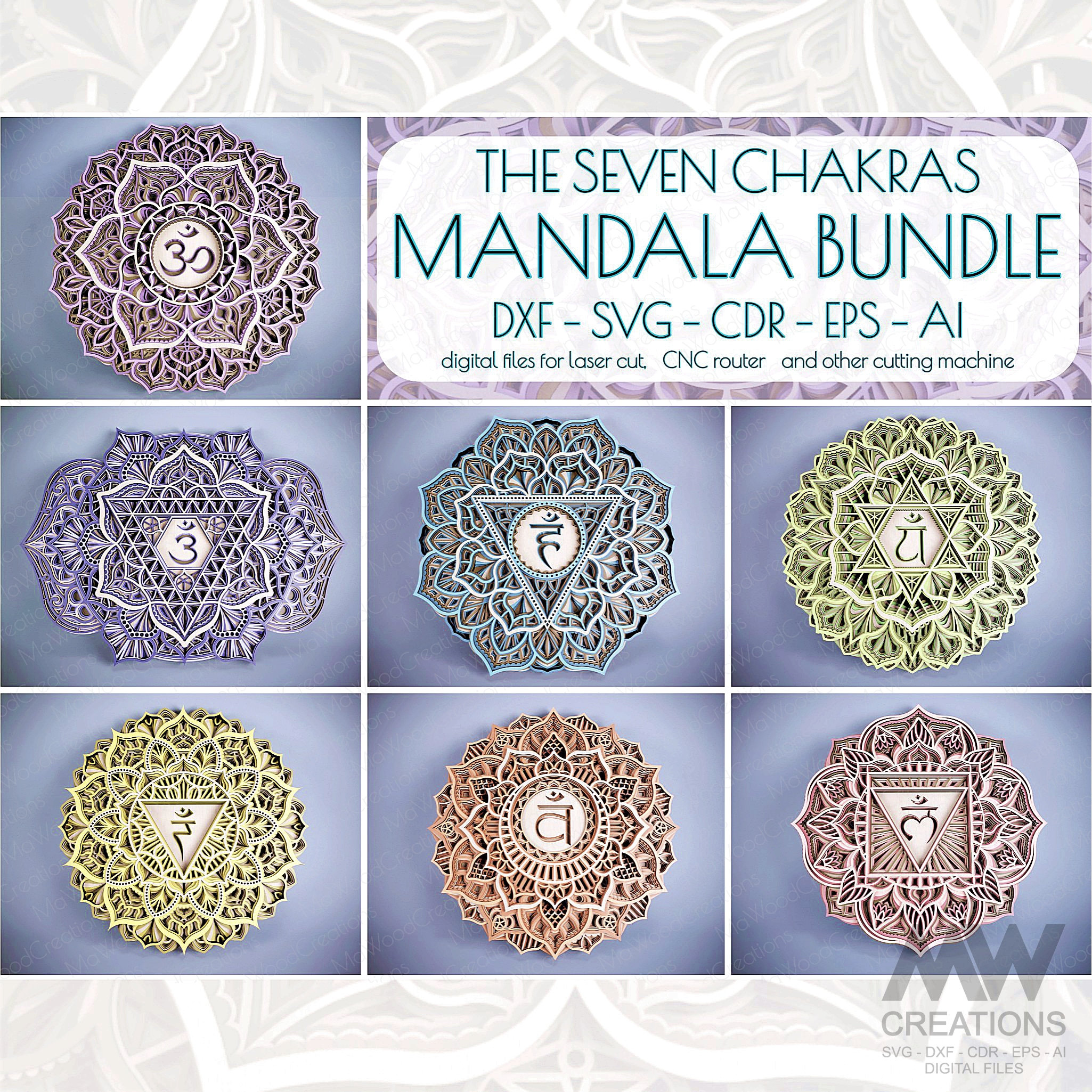 Seven Chakras Mandala Bundle SVG DXF, Multi-layer Chakras Bundle, Laser Cut Mandala Bundle, 3D Mandala DXF file for Laser Cut
