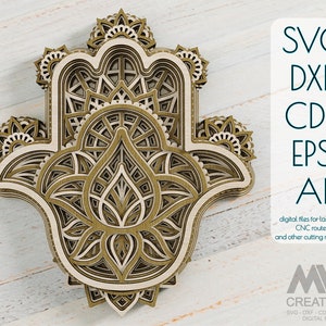 レーザー カット ハムサ マンダラ Svg Dxf、多層ハムサ ハンド Svg、Cricut 用マンダラ SVG、Glowforge 3D マンダラ Svg、レイヤード マンダラ カッティング ファイル