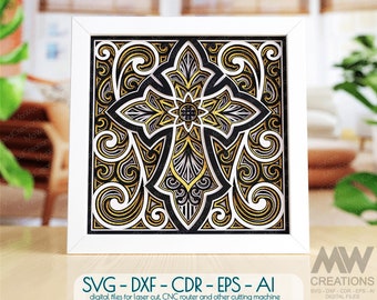 Christian Cross SVG, 3D SVG Shadowbox Cross, Mandala Cross, Laser cut Cross Dxf, Cricut Cross project , 3d Layered Glowforge Cross - Cr36a