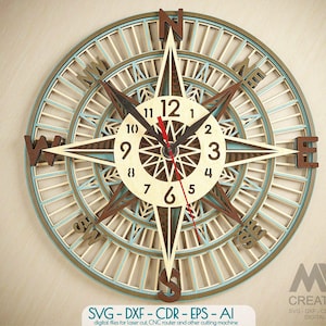 Orologio a 5 strati Svg, file tagliati al laser orologio bussola, orologio multistrato SVG, orologio SVG a strati, arte della parete orologio Glowforge SVG - C52