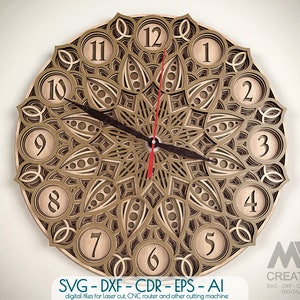 Laser Cut Mandala Clock Svg Dxf, 5 Layer Clock cut bestanden, Laser cut Multi Layer Clock, 3D Layer SVG Clock, Glowforge Clock Cutting File C28