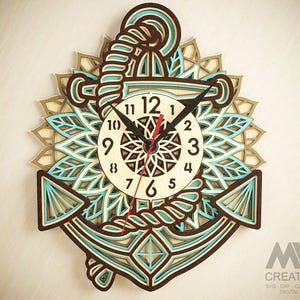 Orologio tagliato al laser Svg Dxf, file tagliati orologio di ancoraggio, ancora multistrato tagliata al laser, orologio Mandala, orologio di ancoraggio a strati 3D, ancora Glowforge - C53