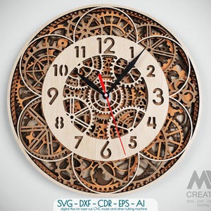 Op de afbeelding: Een houten wandklok met een gelaagd tandwielontwerp. De wijzerplaat is licht van kleur met zwarte cijfers en wijzers, en een rode secondewijzer. De buitenste lagen hebben ingewikkelde tandwielpatronen in bruintinten. De klok is rond en heeft de tekst "MW CREATIONS".