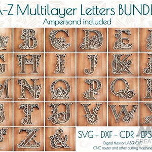 Paquete de letras multicapa, paquete SVG de letras A-Z, letras cortadas con láser SVG Dxf, paquete de alfabeto 3d, plantilla de corte de papel de letras multicapa