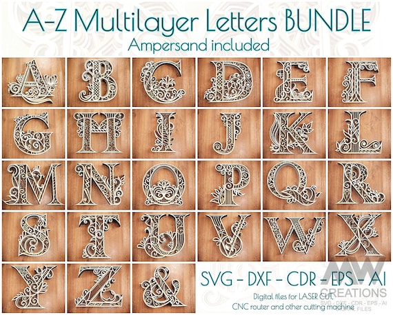 Multilayer Letters Bundle, A-Z Letters SVG Bundle, Laser cut Letters SVG Dxf, 3d Alphabet Bundle, Multi-layer Letters paper cut template