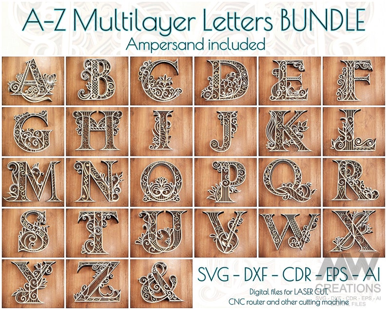 Pakiet liter wielowarstwowych, pakiet liter A-Z SVG, laserowo wycinane litery SVG DXF, pakiet alfabetu 3D, wielowarstwowe litery wycinane z papieru zdjęcie 1