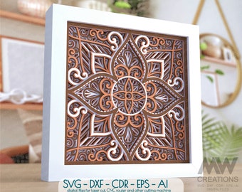 Mandala en capas Svg, Mandala con caja de sombras Svg cortado en papel, Archivo Cricut de Mandala de flores, Mandala con caja de sombras multicapa, Mandala Svg 3D - M244