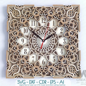Mandala Clock SVG Dxf, Laser cut Clock, Square Clock SVG, Flower Mandala Clock Svg, 3D Layer SVG Clock, Glowforge Clock Cutting File - C13