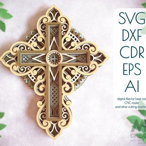 Könnte beinhalten: Ein detailliertes, filigran geschnittenes Holzkreuz mit einem mehrschichtigen Design. Das Kreuz ist in Braun- und Beigetönen mit blauen Akzenten gehalten. Das Bild enthält den Text "SVG DXF CDR EPS AI digital files for laser cut, CNC router and other cutting machine, MY CREATIONS SVG-DXF CORES-AI DIGITAL FILES".
