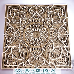 Multi-layer Laser gesneden Mandala SVG Dxf, 3D gelaagde Mandala Svg, 3D SVG Mandala, vierkante Mandala SVG voor Cricut, Glowforge 3D Mandala Svg - M93