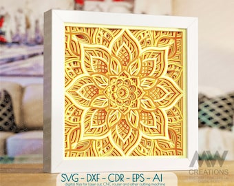 Shadow Box Svg Mandala, 3d SVG Flower Mandala Papercut Shadowbox, Layered Mandala Svg, Light Box Template, Cardstock Mandala SVG Dxf - M156