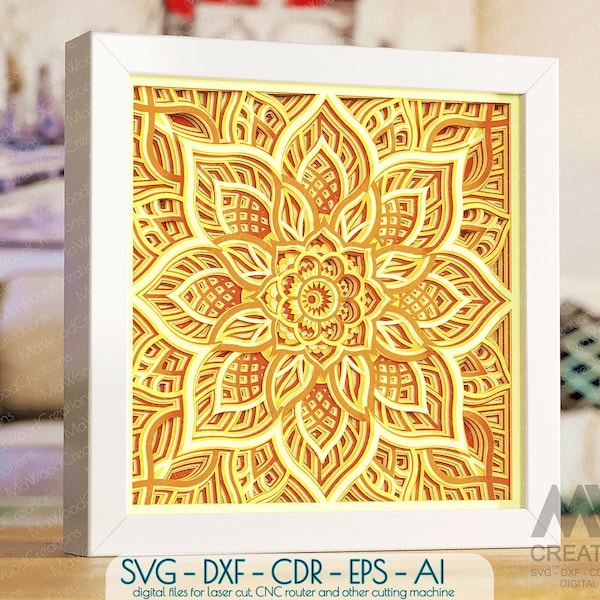 Shadow Box Svg Mandala, 3d SVG Flower Mandala Papercut Shadowbox, Layered Mandala Svg, Light Box Template, Cardstock Mandala SVG Dxf - M156