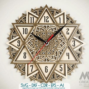 Multi Layer Clock Svg, Mandala Clock SVG Dxf, Laser cut Clock, Star of David Clock Svg, 3D Layer SVG Clock, Glowforge Clock Cutting File C44