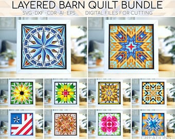 Layered Barn Quilt Bundle, 3d SVG paper cut design, Shadow Box Quilt svg, Cricut SVG barn Quilt, 3d Layered Quilt block, Paper Quilt pattern