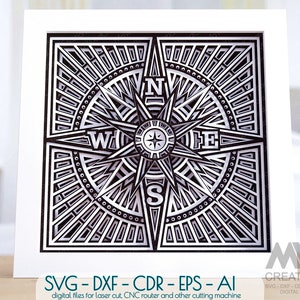 Kompas SVG Meerlagige Mandala, 3D-laag Kompas Mandala Svg, Shadow Box Kompas, Cricut Kompas Svg, Wind Rose Mandala Shadow Box - M195