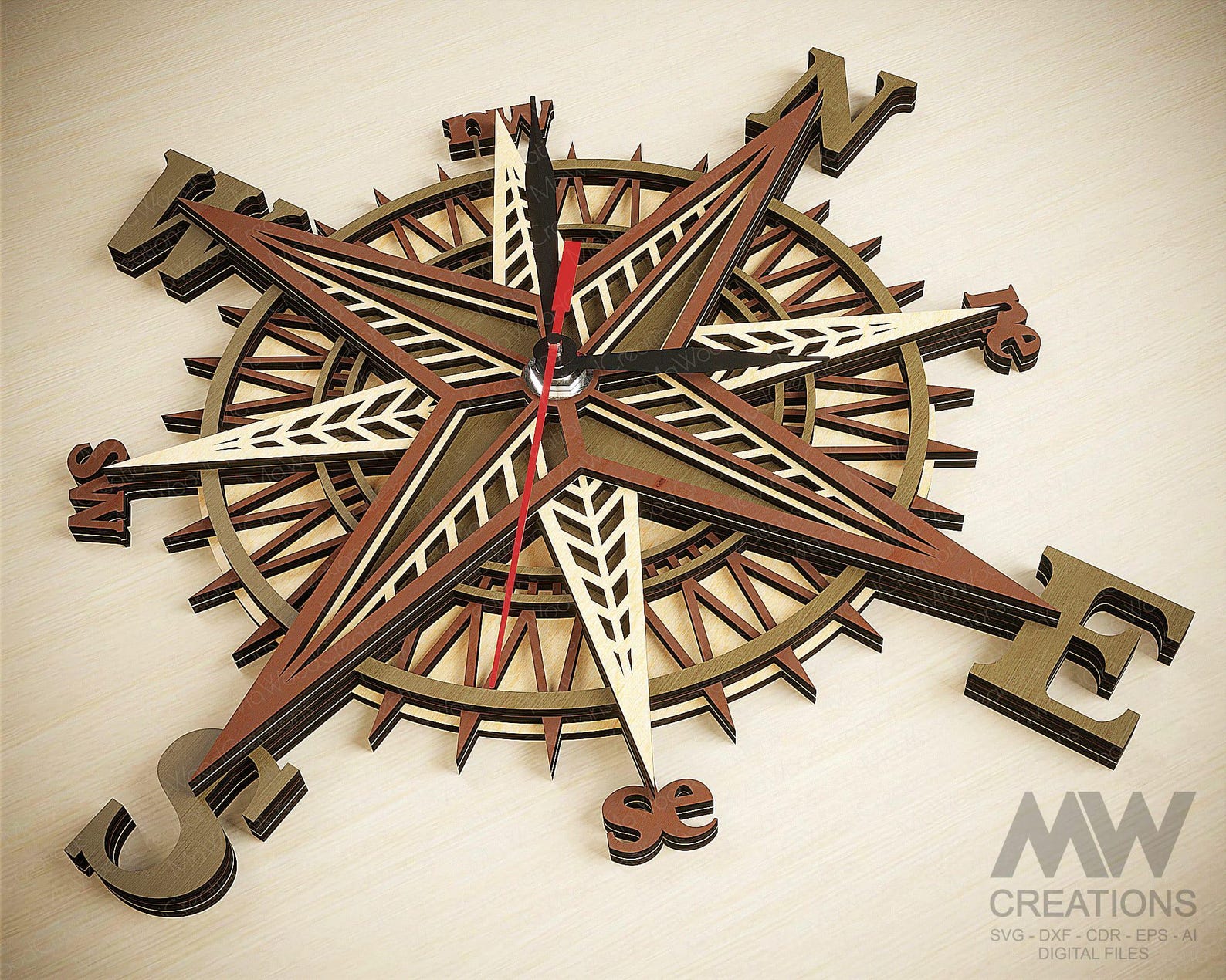 Compass Clock Svg Laser Cut Files, 3d Layered Svg Clock, Wind Rose ...