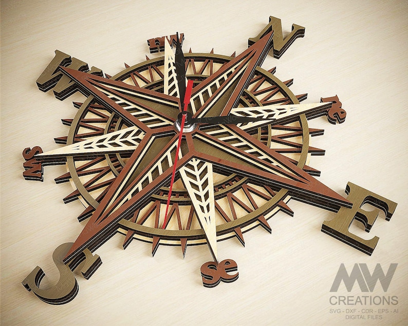 Compass Clock Svg Laser Cut Files, 3d Layered Svg Clock, Wind Rose ...