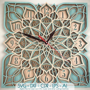 Laser gesneden klok SVG Dxf, gelaagde Mandala klok Svg, 3D-Svg klok bestanden voor Cricut, gelaagde SVG klok, Glowforge Svg laag klok gesneden bestand C26