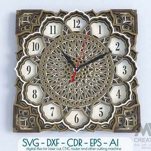 Arquivos de corte a laser de relógio multicamadas, relógio Mandala Svg, relógio 3d Svg, relógio SVG em camadas, modelo de relógio Glowforge Svg, projeto DIY de relógio - C17