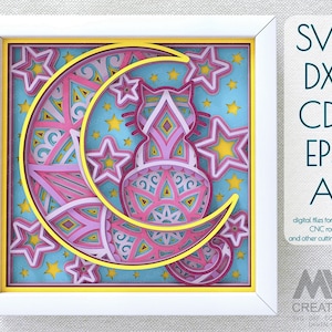 Lune et chat Mandala SVG, chat Svg 3d, Svg de chat de lune en couches pour Shadow Box, Cricut Moon Svg, modèle d’art de chat sur la lune en papier en couches