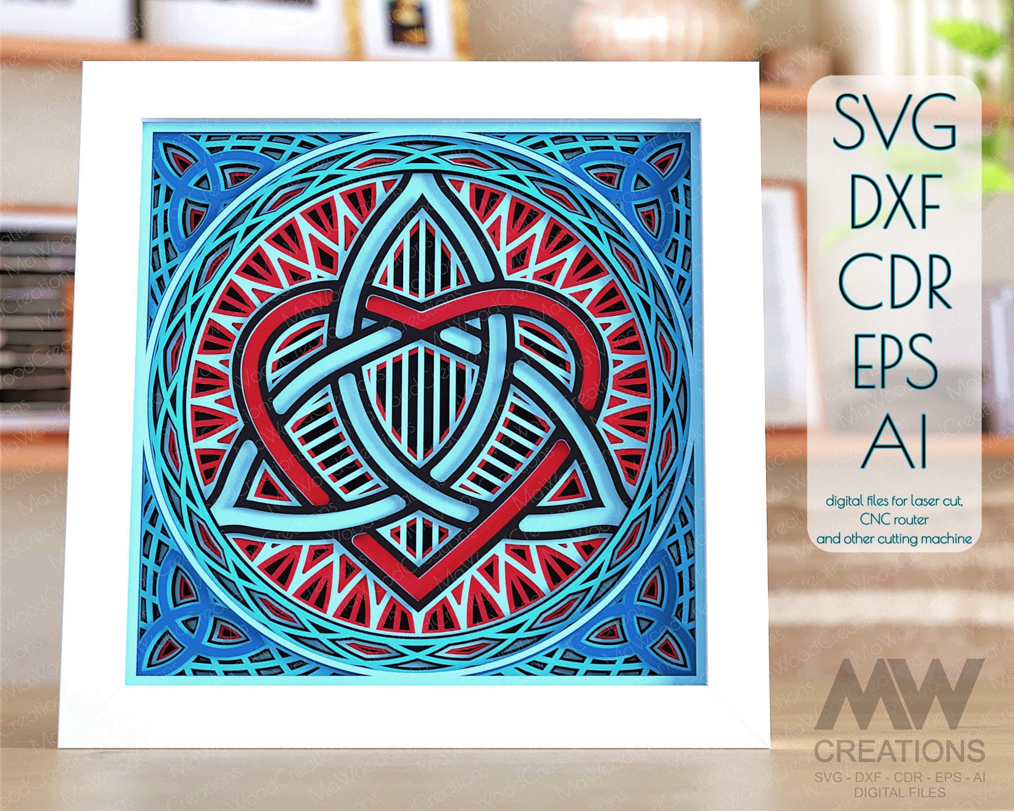 Celtic Trinity Heart Mandala SVG, Multilayer Celtic Heart Svg, 3d SVG Celtic Heart, Shadowbox Celtic Mandala template, Cardstock Mandala SVG