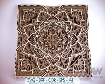 Laser cut Mandala SVG Dxf, Mandala SVG cutting file, Multi-layer Mandala Cnc Laser files, 3D Flower Mandala SVG Dxf, 3d Layered Wood Art M44