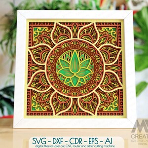 Mandala SVG 3D fiore di loto, modello di taglio di carta multistrato Mandala fiore, scatola ombra a strati Mandala Svg, modello 3d Light Box - 044_SB