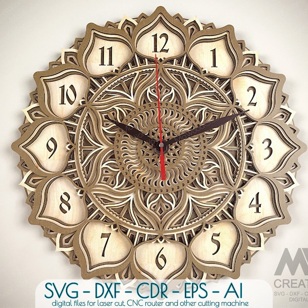 5 layer Laser cut Clock Svg Dxf, Mandala Clock Svg, Multi-layered Clock template, 3D Layer SVG Yoga Clock, Glowforge Clock cut files - C20