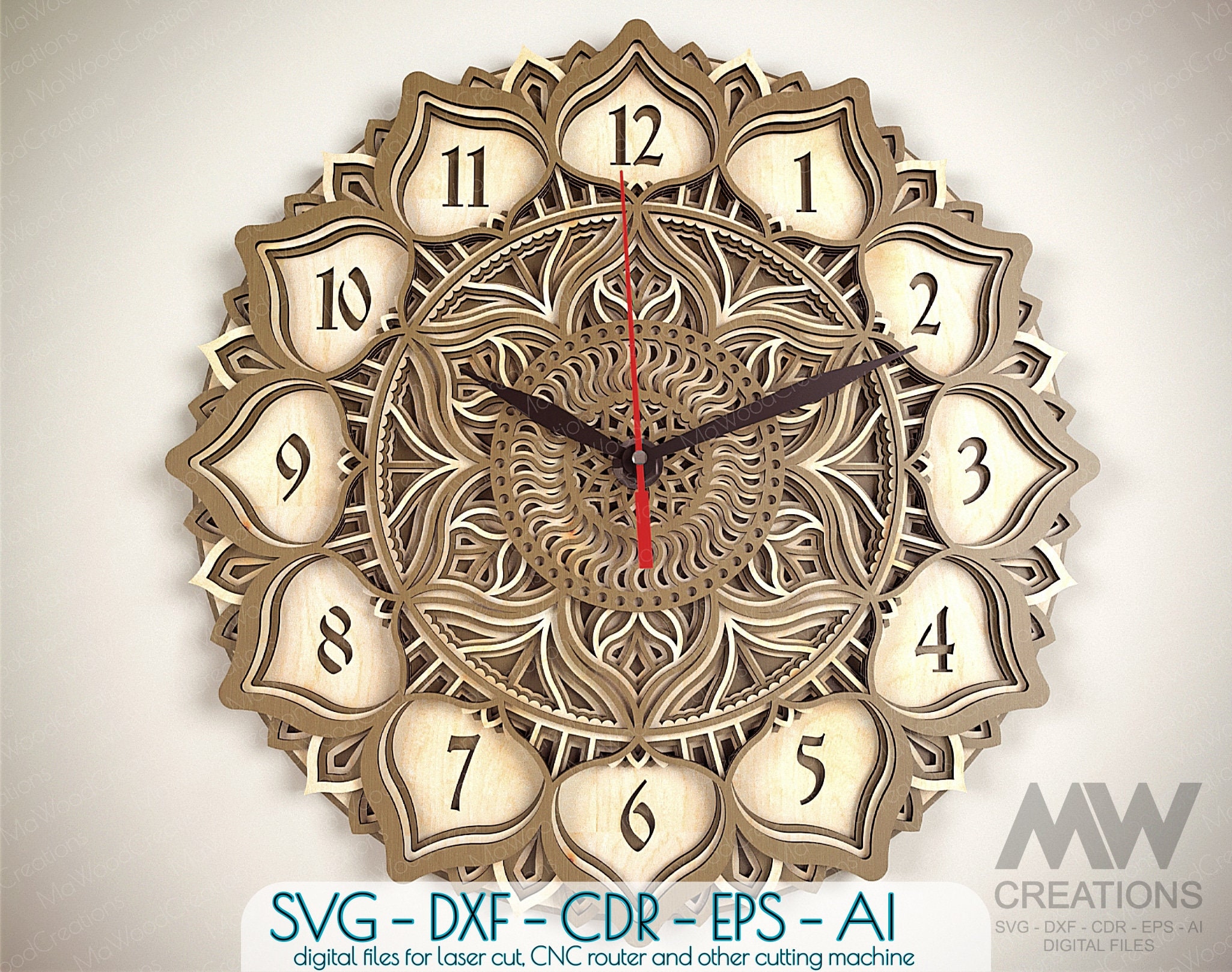 5 Layer Laser Cut Clock Svg Dxf, Mandala Clock Svg, Multi-layered Clock ...
