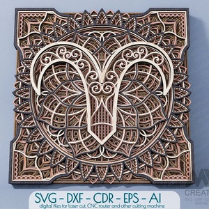 Segno zodiacale Ariete, Mandala Ariete multistrato, Segni zodiacali taglio laser SVG DXF, Strato 3D Mandala zodiacale SVG, file Cnc Ram Mandala multistrato