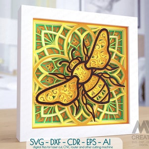 Shadowbox Bee Mandala SVG, Bee op Flower Mandala Paper Cut Template, 3d Layer Bee Shadowbox, Multilayer Bee Svg, Paper Art Shadow Box - M210