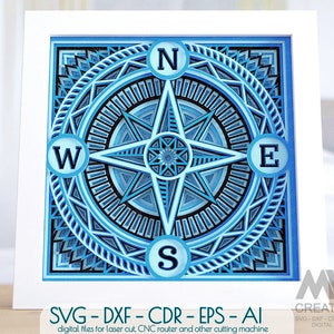 Multilayer Compass Mandala SVG, 3d Compass Svg, Shadow Box Compass Mandala Svg, Cricut Nautical Compass Svg, Shadow Box for Cricut - M196