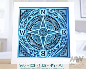 Multilayer Compass Mandala SVG, 3d Compass Svg, Shadow Box Compass Mandala Svg, Cricut Nautical Compass Svg, Shadow Box for Cricut - M196
