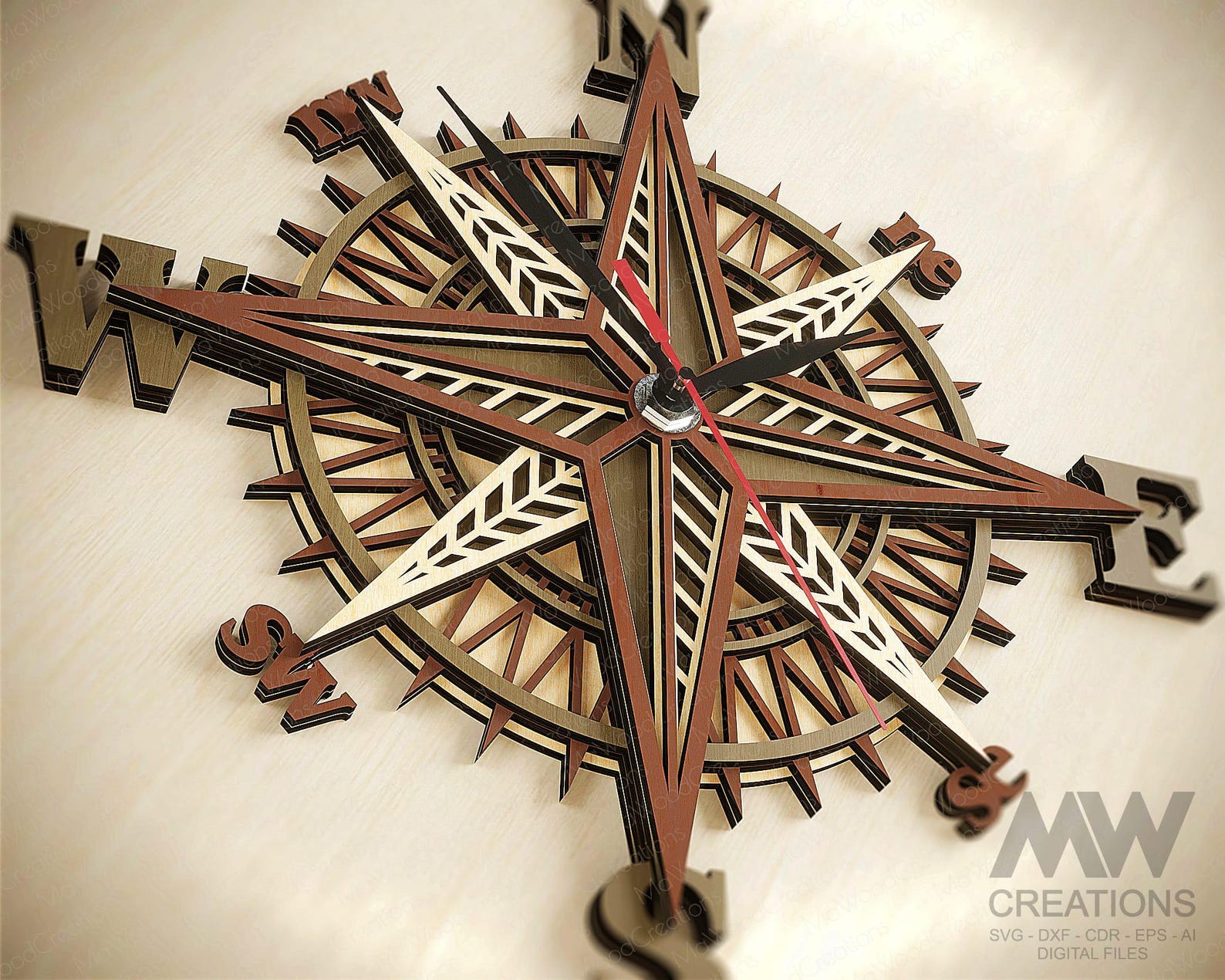 Compass Clock Svg Laser Cut Files, 3d Layered Svg Clock, Wind Rose ...