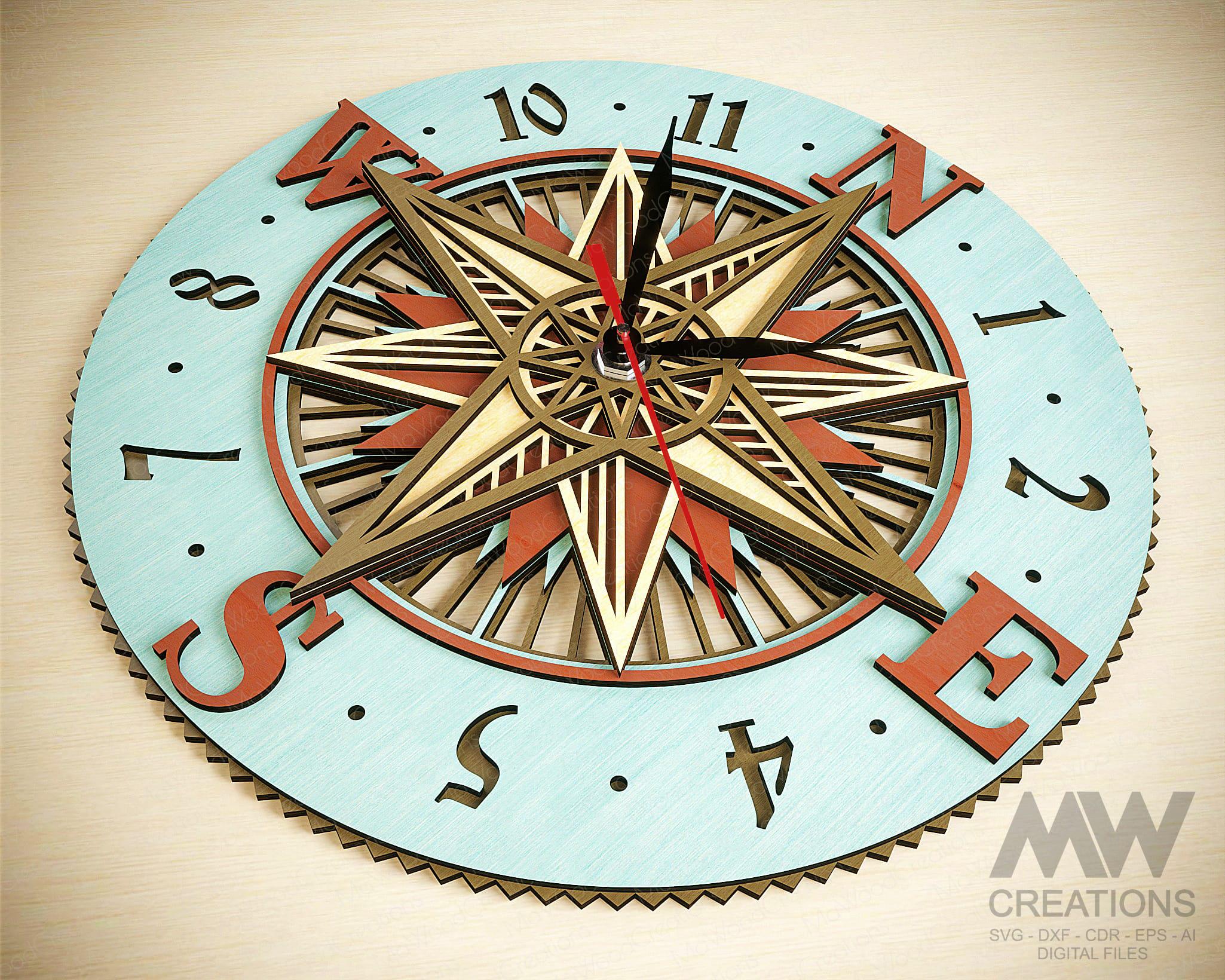 Laser Cut Compass Clock SVG Dxf, Compass Mandala Clock Svg, Mandala ...
