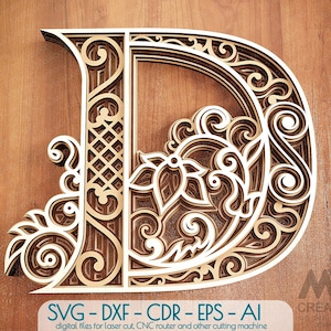 Letra D en capas, letras en capas SVG, letras multicapa, letras SVG DXF, letras cortadas con láser, letras Cricut, letras Svg de monograma