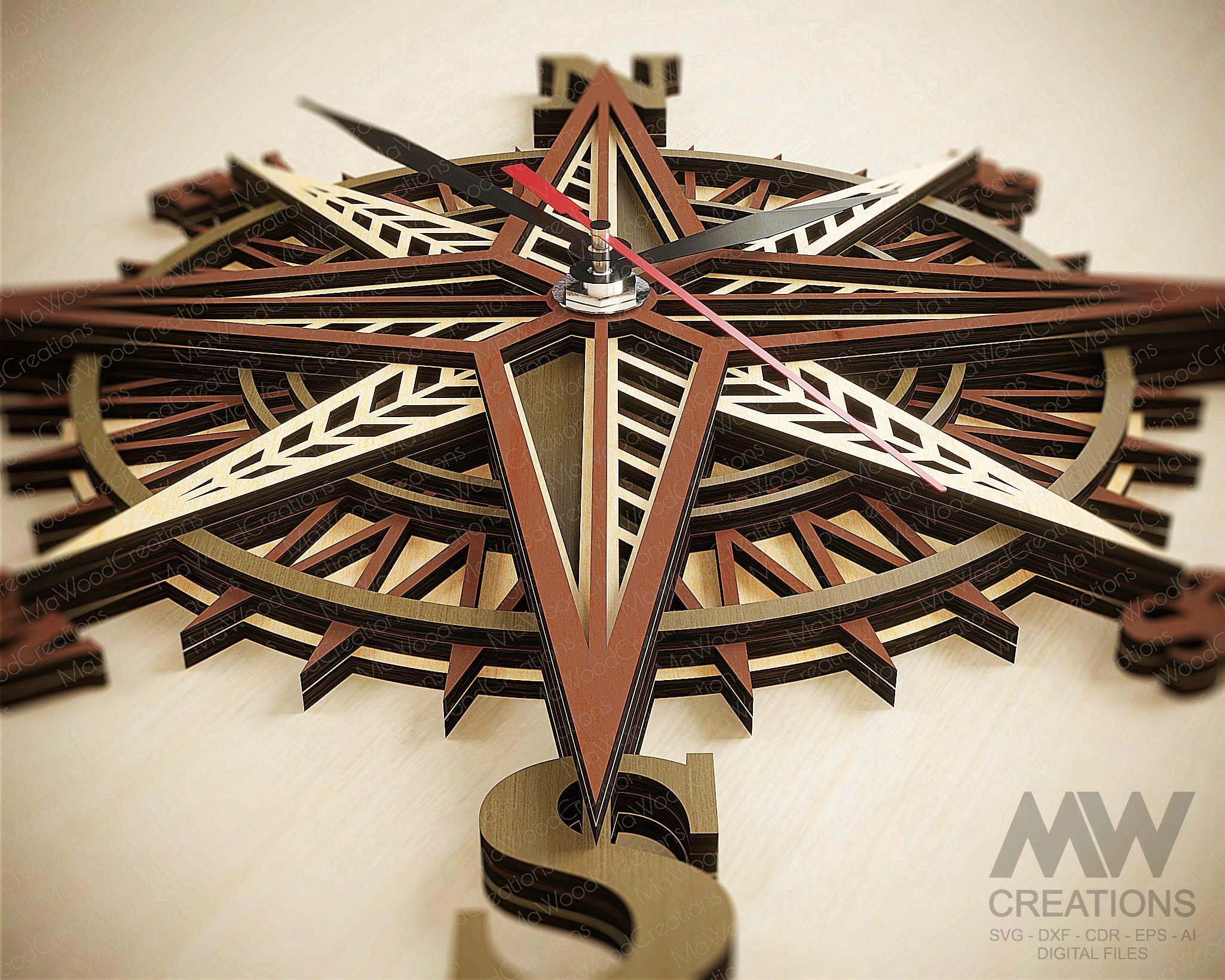 Compass Clock Svg Laser Cut Files, 3d Layered Svg Clock, Wind Rose ...