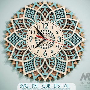Orologio mandala multistrato tagliato al laser SVG DXF, orologio a strati 3D Svg Dxf, orologio multistrato, orologio SVG a strati, file di taglio Glowforge Clock - C60