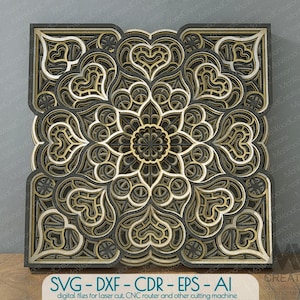 Multicouche Mandala SVG Dxf, 3d Layer Heart Mandala, Cricut svg Mandala coupe file, Glowforge 3D Mandala Svg, Laser Cut Heart Mandala - M008a