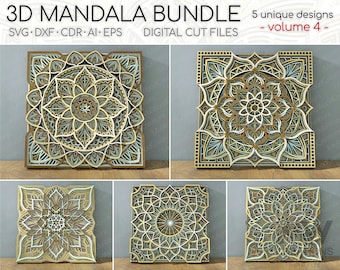 May include: A set of five 3D mandala designs for digital cutting. The designs are intricate and detailed, with a variety of geometric patterns. The mandalas are in shades of brown, white, and blue. The text "3D Mandala Bundle" and "5 unique designs - volume 4 -" is visible at the top of the image.