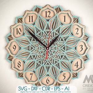 5 Layer Clock Svg, Mandala Clock SVG Dxf, Laser cut Clock, Flower Mandala Clock Svg, 3D Layer SVG Clock, Glowforge Clock Cutting File - C31