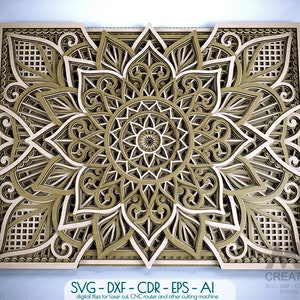 Rechteckiges geschichtetes Mandala SVG, mehrschichtiges Laser-Cut DXF, mehrschichtiges Mandala Cnc-Laserdateien, 3D-Mandala SVG Dxf, geschichtete 3D-Holzkunst -M220