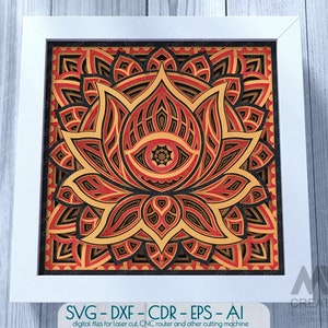 Lotus multicouche SVG, Lotus fleur en couches avec symbole du mauvais œil, Fleur Mandala SVG, Shadow Box Lotus &Evil Eye Svg, Shadowbox Mandala M179