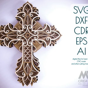 Taglio laser Croce Svg Dxf, Croce religiosa SVG, Croce multistrato, Croce SVG 3D, Mandala Cross SVG a strati per Cricut, Glowforge Cross Svg Cr04