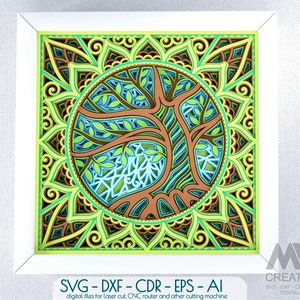 May include: A layered paper art piece featuring a tree within a circular design, framed in white. The artwork uses shades of brown, green, and blue. The text "SVG - DXF - CDR - EPS - AI" is visible at the bottom.