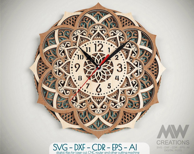 Laser Cut Clock SVG Dxf, Layered Mandala Clock Svg, 3d Svg Clock Files ...