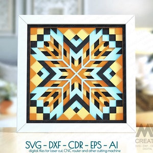 May include: A digital file for laser cutting, CNC routing, or other cutting machines. The design features a geometric pattern with a starburst shape in shades of orange, yellow, black, and blue.
